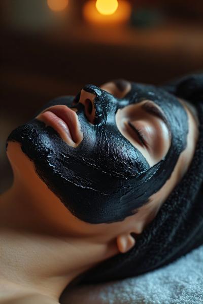 mid age woman with black facial mask at a spa enjoying a relaxing day of beauty and wellness at a luxury health spa