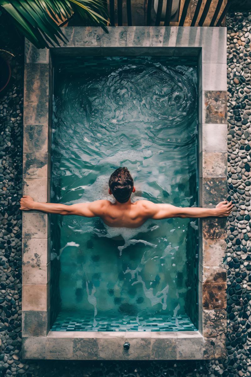 overhead view of a man looking up taking a shower in a minimalist bathtub with foam --v 6 picture