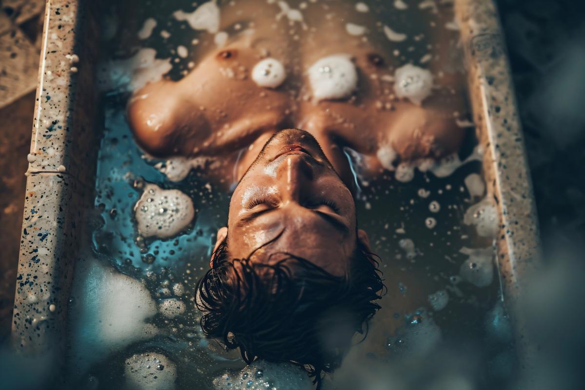 overhead view of a man looking up taking a shower in a bathtub with foam --v 6 picture