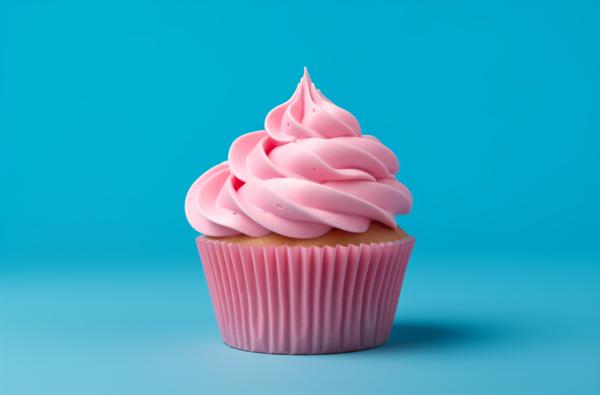 a pink cupcake on an blue background