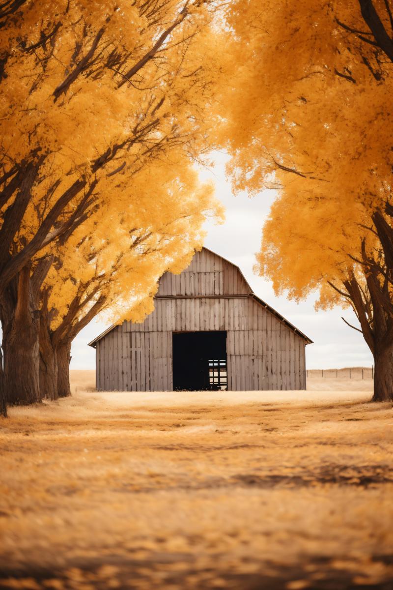 Rustic barn framed by a canopy of golden trees picture