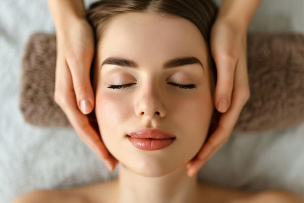 top view Beautiful young woman receiving facial massage