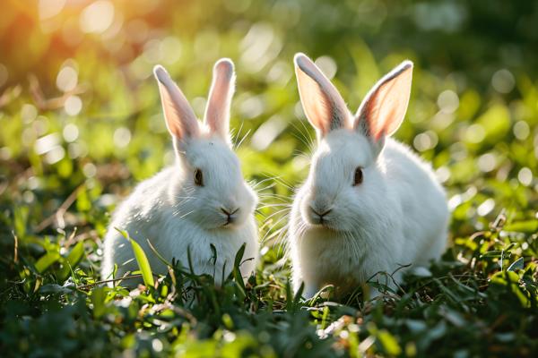 Two white rabbits on the grass