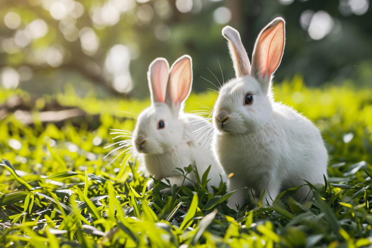 Two white rabbits on the grass picture