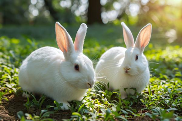 Two white rabbits on the grass
