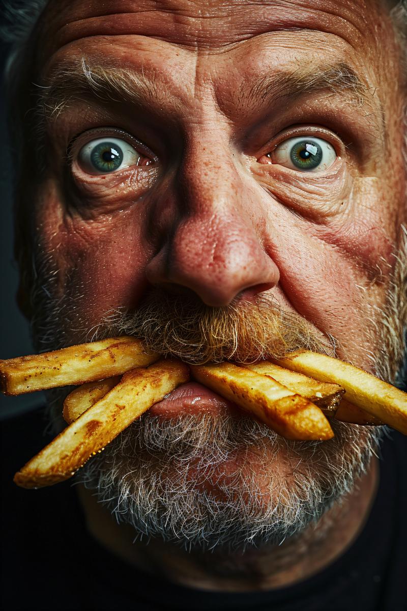 a weird man with 2 french fries in his nostrils --v 6 picture