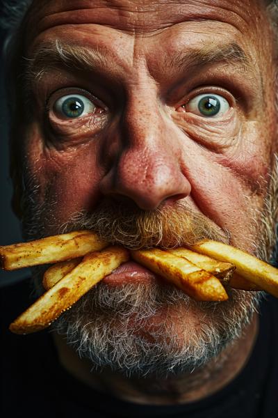 a weird man with 2 french fries in his nostrils --v 6