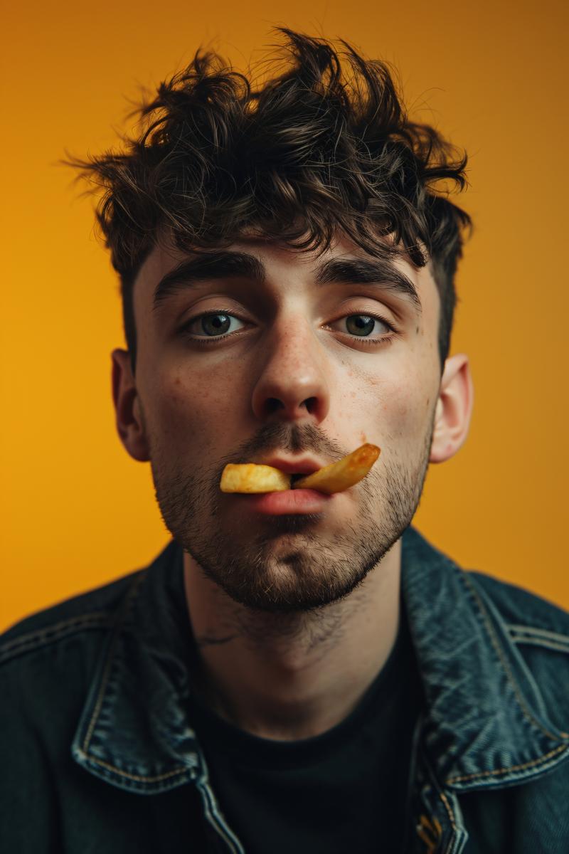 a weird man with 2 french fries in his nostrils --v 6 picture