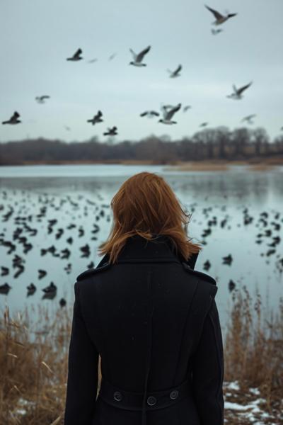 woman from behind wearing a black coat looking at a blue lake full of flying birds --v 6