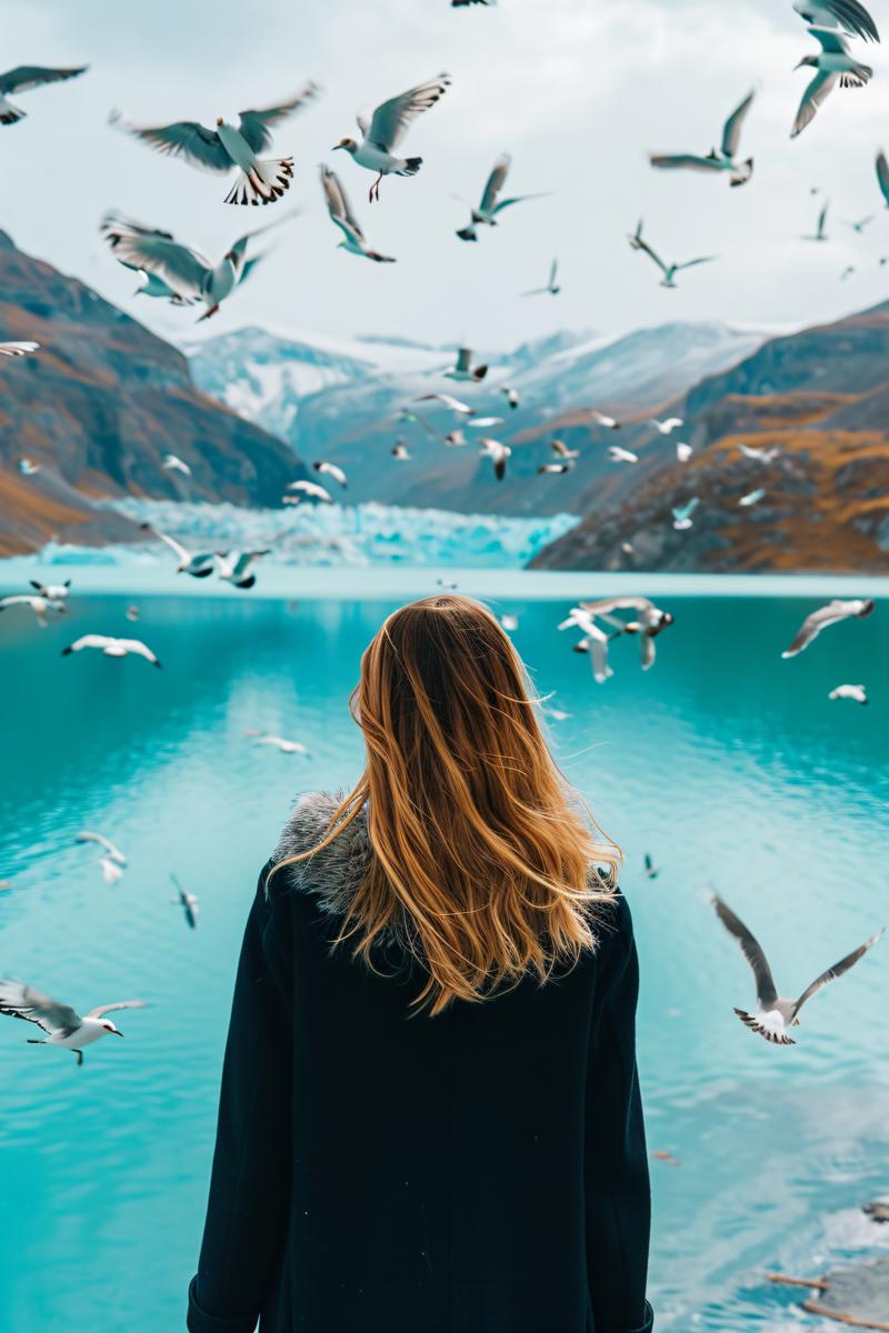 woman from behind wearing a black coat looking at a blue lake full of flying birds --v 6 picture