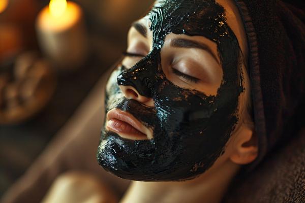 A young woman with black facial mask at a spa enjoying a relaxing day of beauty and wellness at a luxury health spa