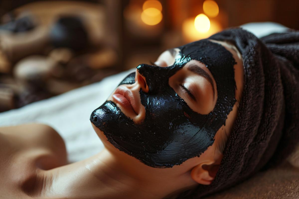 A young woman with black facial mask at a spa enjoying a relaxing day of beauty and wellness at a luxury health spa picture