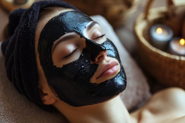 A young woman with black facial mask at a spa enjoying a relaxing day of beauty and wellness at a luxury health spa