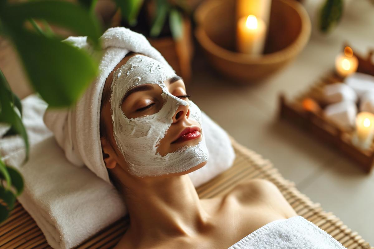 A young woman with facial mask at a spa enjoying a relaxing day of beauty and wellness at a luxury health spa picture