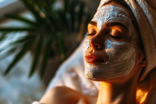 A young woman with facial mask at a spa enjoying a relaxing day of beauty and wellness at a luxury health spa