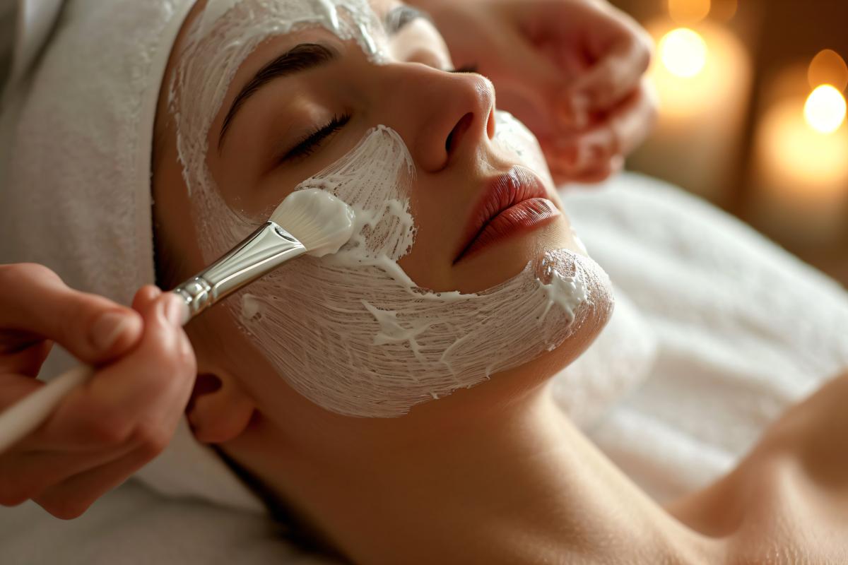A young woman facial at a spa enjoying a relaxing day of beauty and wellness at a luxury health spa picture