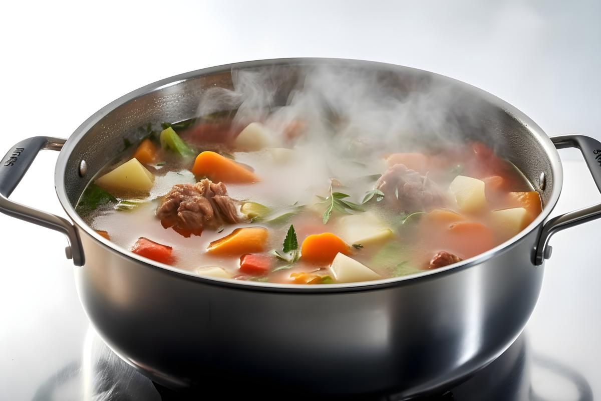 A pot of steaming hot soup with vegetables and meat, close-up, white background, realism, hd, 35mm photograph, sharp, sharpened, 8k picture