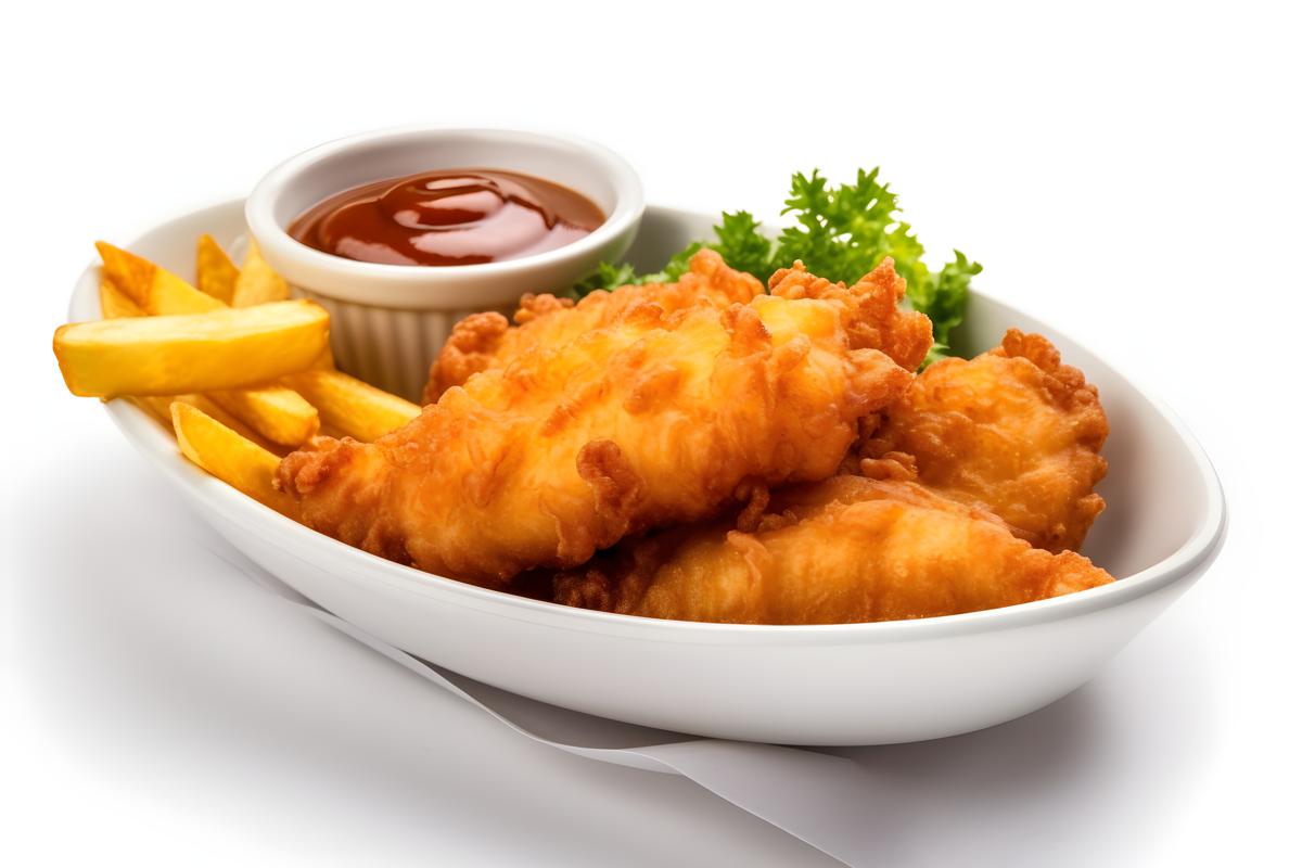 A tray of crispy fish and chips with tartar sauce, close-up, white background, realism, hd, 35mm photograph, sharp, sharpened, 8k picture