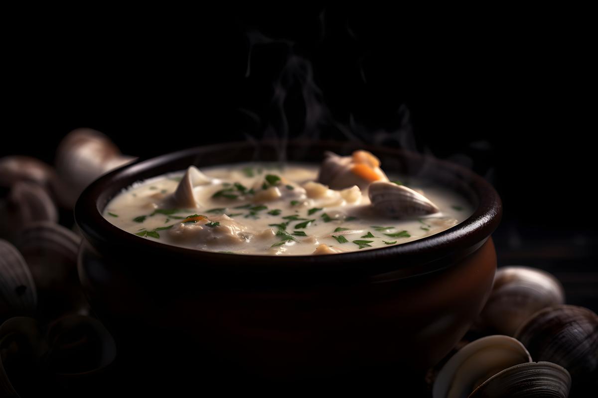A pot of rich and creamy clam chowder, macro close-up, black background, realism, hd, 35mm photograph, sharp, sharpened, 8k picture
