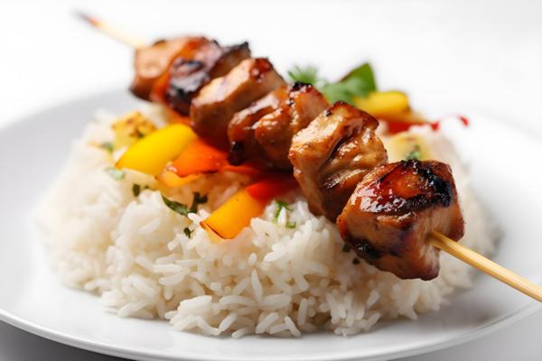 Grilled chicken skewers with vegetables and rice, close-up, white background, realism, hd, 35mm photograph, sharp, sharpened, 8k