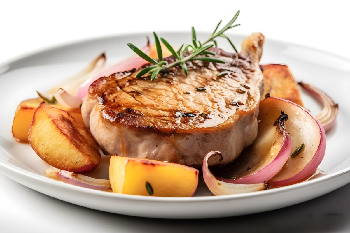 A plate of grilled pork chops with apples and onions, close-up, white background, realism, hd, 35mm photograph, sharp, sharpened, 8k picture