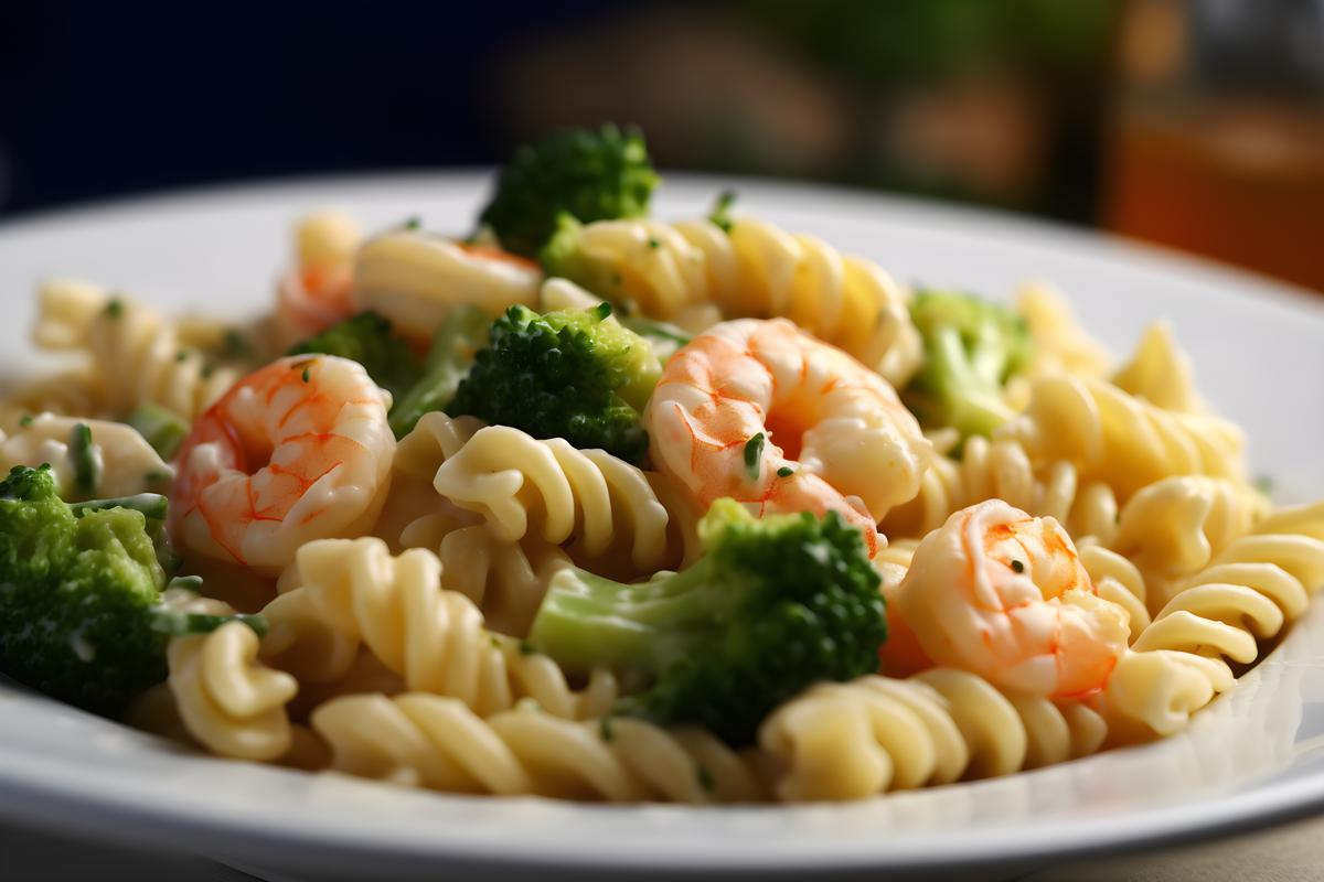 A plate of creamy pasta with shrimp and broccoli, close-up, white background, realism, hd, 35mm photograph, sharp, sharpened, 8k picture