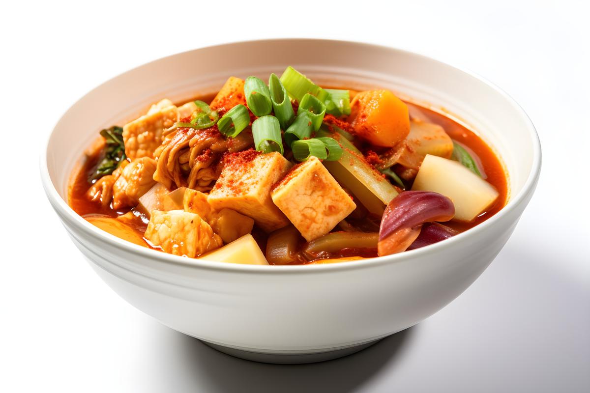 A bowl of spicy kimchi stew with tofu and vegetables, close-up, white background, realism, hd, 35mm photograph, sharp, sharpened, 8k picture