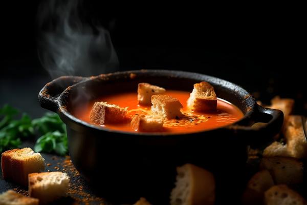 A pot of creamy tomato soup with croutons, macro close-up, black background, realism, hd, 35mm photograph, sharp, sharpened, 8k