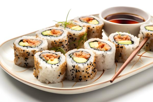 A platter of sushi rolls with soy sauce and chopsticks, close-up, white background, realism, hd, 35mm photograph, sharp, sharpened, 8k