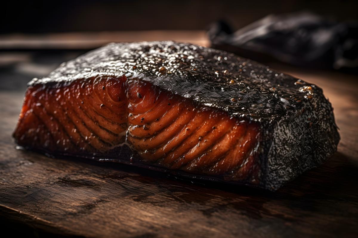 a piece of blackened salmon raw, sitting on a rustic style table realistic, realism, hd, 35mm photograph, sharp, sharpened, 8k picture