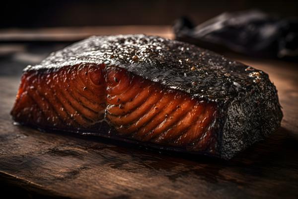 a piece of blackened salmon raw, sitting on a rustic style table realistic, realism, hd, 35mm photograph, sharp, sharpened, 8k