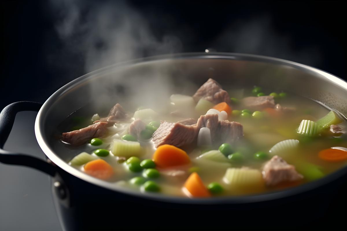 A pot of steaming hot soup with vegetables and meat, close-up, white background, realism, hd, 35mm photograph, sharp, sharpened, 8k picture