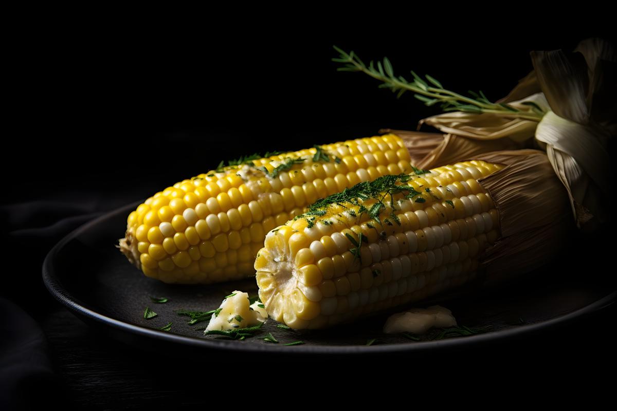 A plate of grilled corn on the cob with butter and herbs, macro close-up, black background, realism, hd, 35mm photograph, sharp, sharpened, 8k picture