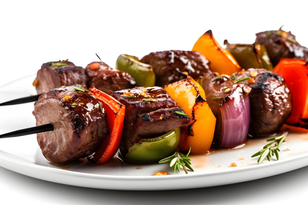 A plate of grilled beef kebabs with vegetables, close-up, white background, realism, hd, 35mm photograph, sharp, sharpened, 8k picture