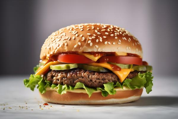 A juicy burger with lettuce and cheese on a bun, close-up, white background, realism, hd, 35mm photograph, sharp, sharpened, 8k