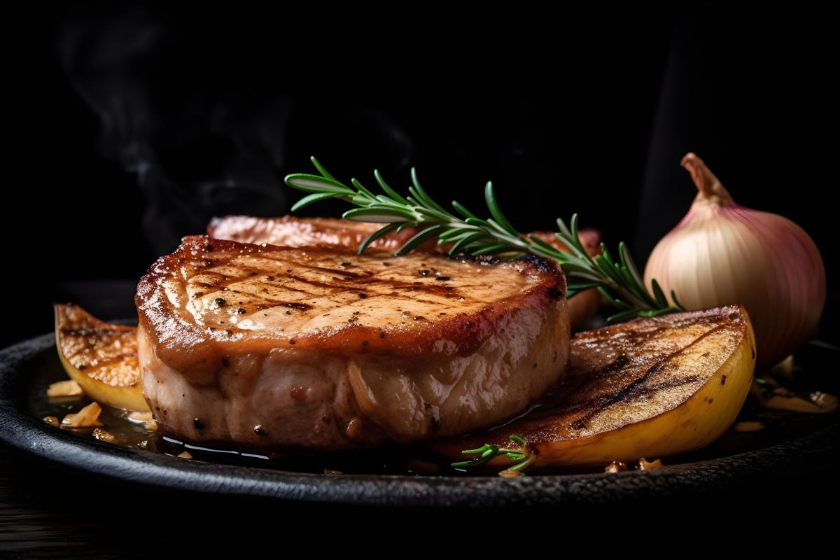 A plate of grilled pork chops with apples and onions, macro close-up, black background, realism, hd, 35mm photograph, sharp, sharpened, 8k picture