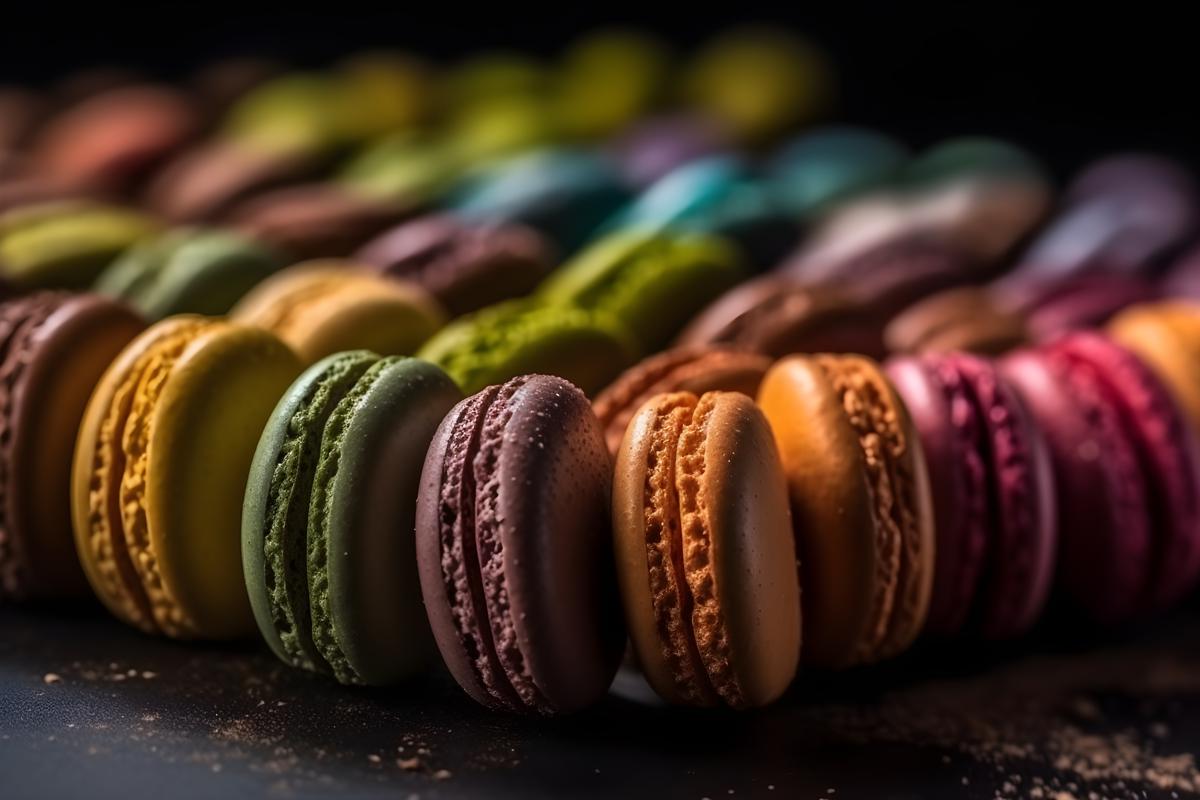 A Lot of colors Macarons in A Row Free Photo, macro close-up, realism, hd, 35mm photograph, sharp, sharpened, 8k picture