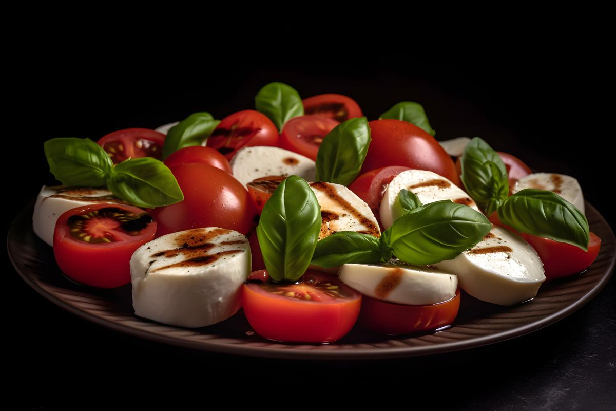 A platter of Italian-style caprese salad with tomatoes and mozzarella, macro close-up, black background, realism, hd, 35mm photograph, sharp, sharpened, 8k picture