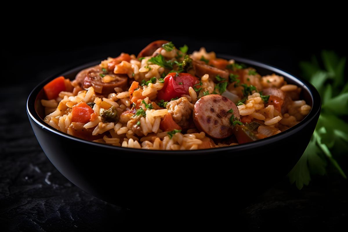 A bowl of spicy jambalaya with rice and sausage, macro close-up, black background, realism, hd, 35mm photograph, sharp, sharpened, 8k picture