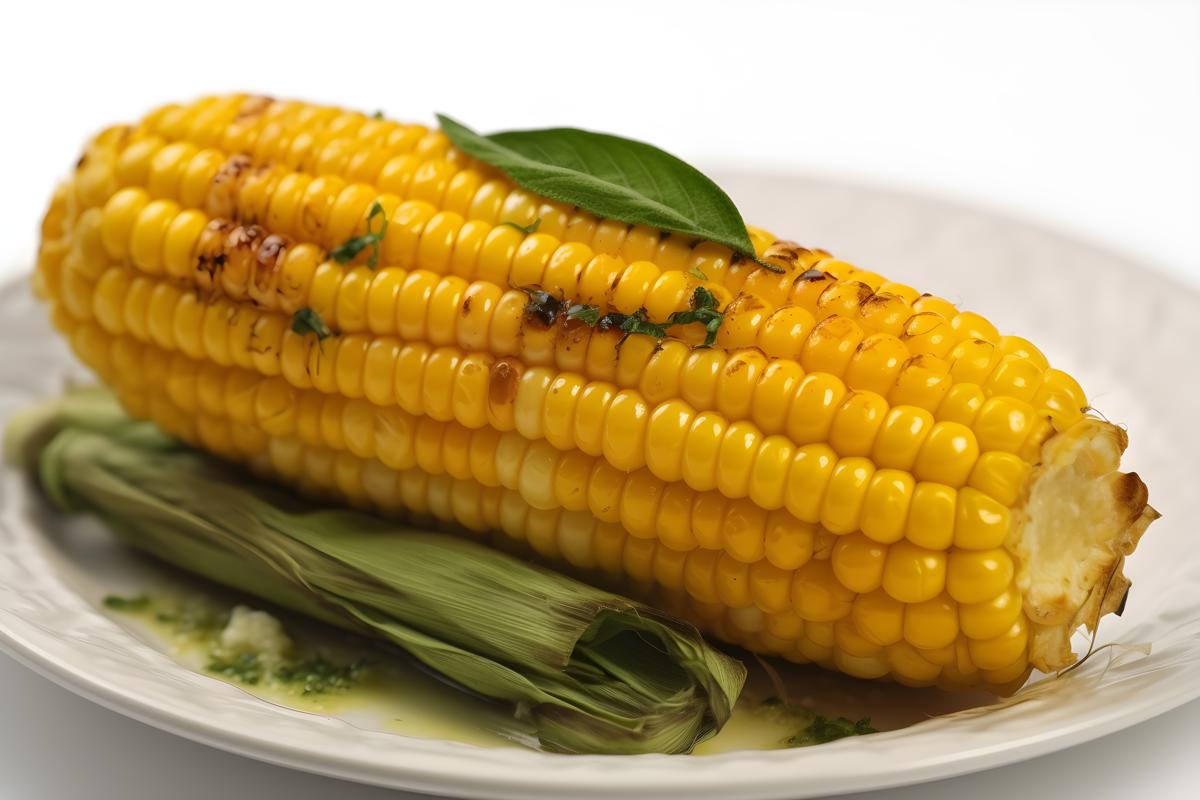 A plate of grilled corn on the cob with butter and herbs, close-up, white background, realism, hd, 35mm photograph, sharp, sharpened, 8k picture