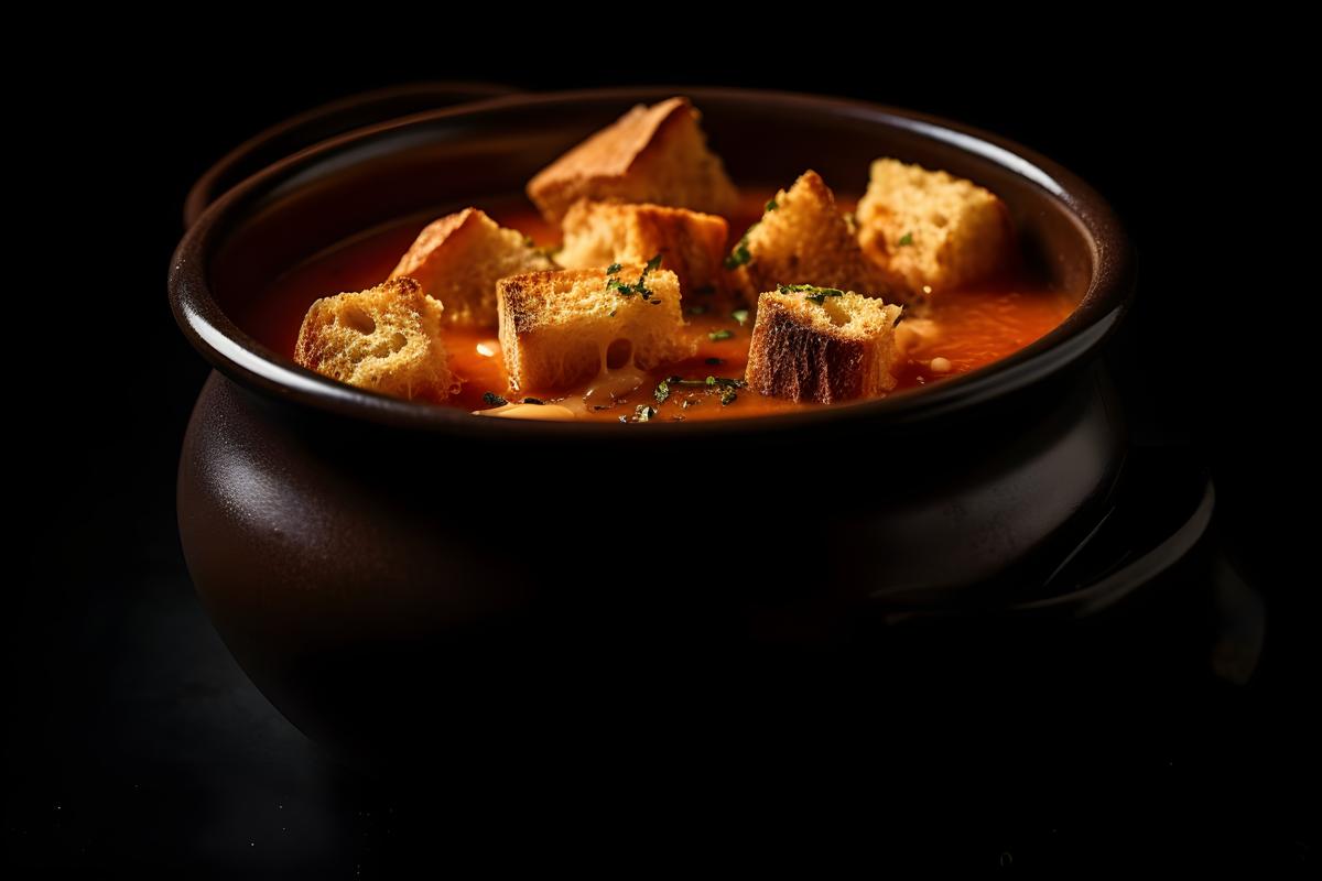 A pot of creamy tomato soup with croutons, macro close-up, black background, realism, hd, 35mm photograph, sharp, sharpened, 8k picture