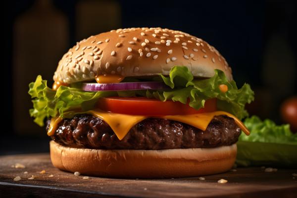 A juicy burger with lettuce and cheese on a bun, close-up, white background, realism, hd, 35mm photograph, sharp, sharpened, 8k