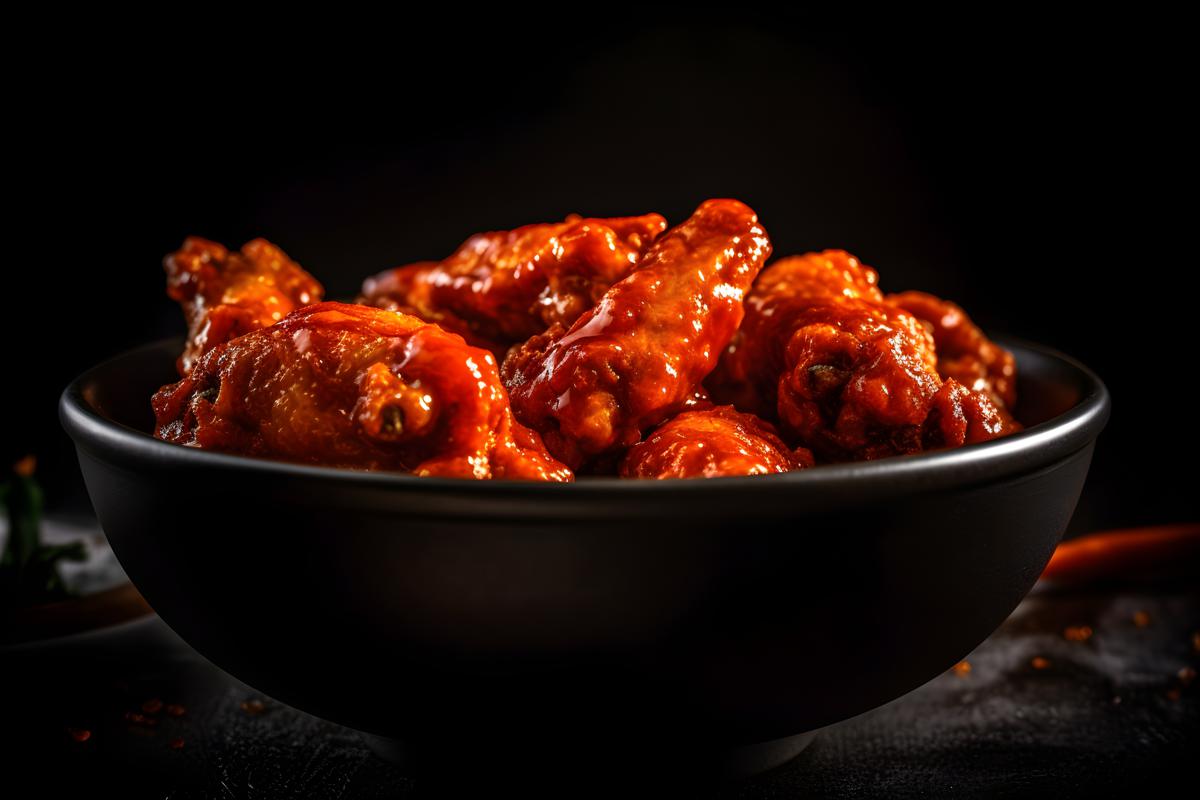A bowl of hot and spicy buffalo wings, macro close-up, black background, realism, hd, 35mm photograph, sharp, sharpened, 8k picture
