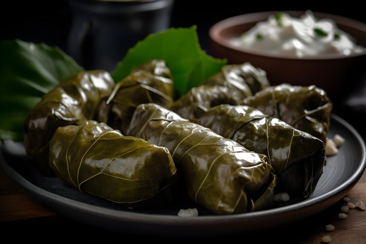 A platter of Greek-style dolmades with tzatziki sauce, macro close-up, black background, realism, hd, 35mm photograph, sharp, sharpened, 8k picture