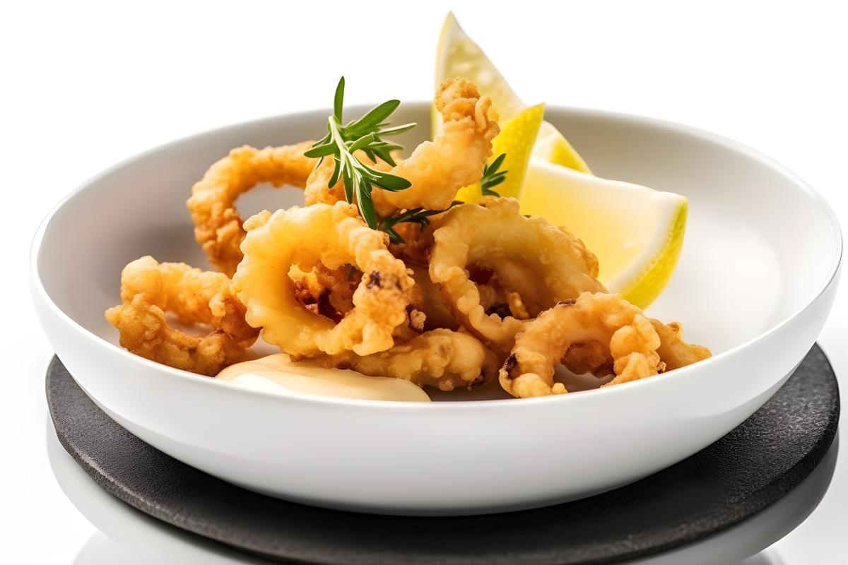 A tray of crispy fried calamari with lemon and aioli sauce, close-up, white background, realism, hd, 35mm photograph, sharp, sharpened, 8k picture