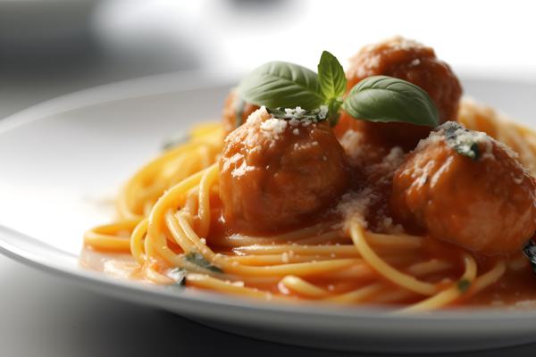 A plate of spaghetti and meatballs with tomato sauce, close-up, white background, realism, hd, 35mm photograph, sharp, sharpened, 8k