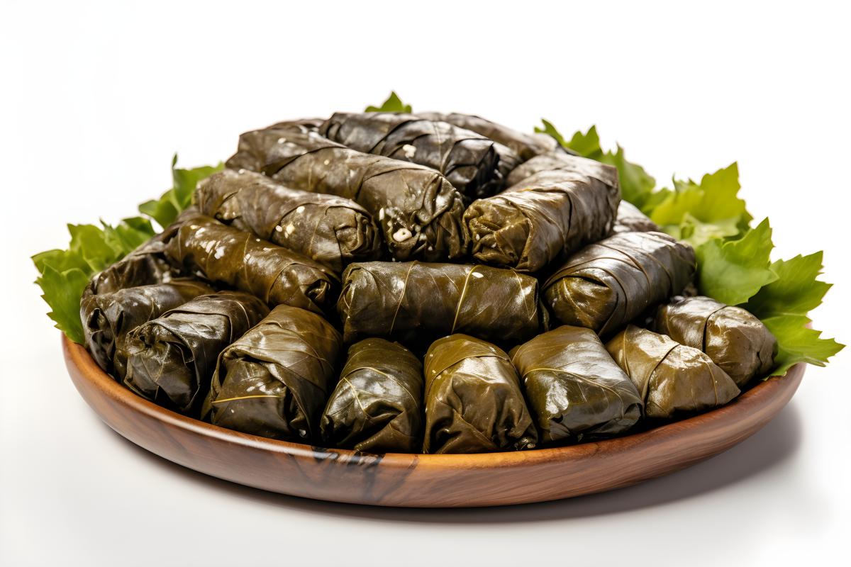 A platter of Greek-style dolmades with tzatziki sauce, close-up, white background, realism, hd, 35mm photograph, sharp, sharpened, 8k picture