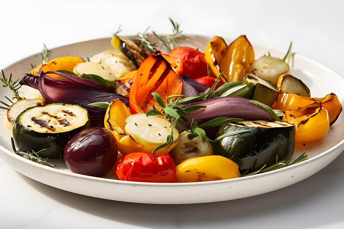 A platter of grilled vegetables with olive oil and herbs, close-up, white background, realism, hd, 35mm photograph, sharp, sharpened, 8k picture