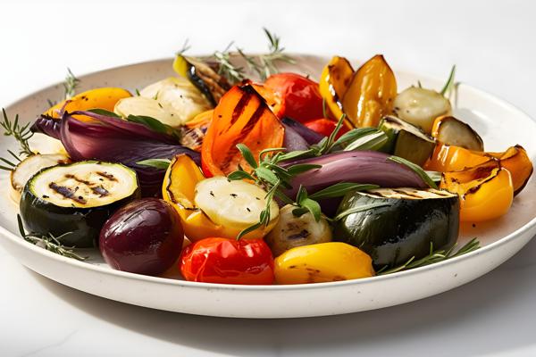 A platter of grilled vegetables with olive oil and herbs, close-up, white background, realism, hd, 35mm photograph, sharp, sharpened, 8k