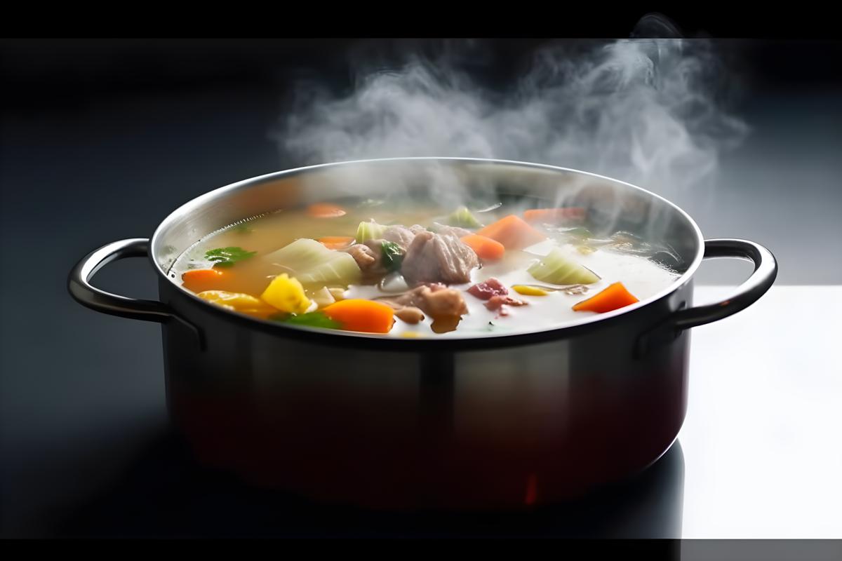 A pot of steaming hot soup with vegetables and meat, close-up, white background, realism, hd, 35mm photograph, sharp, sharpened, 8k picture